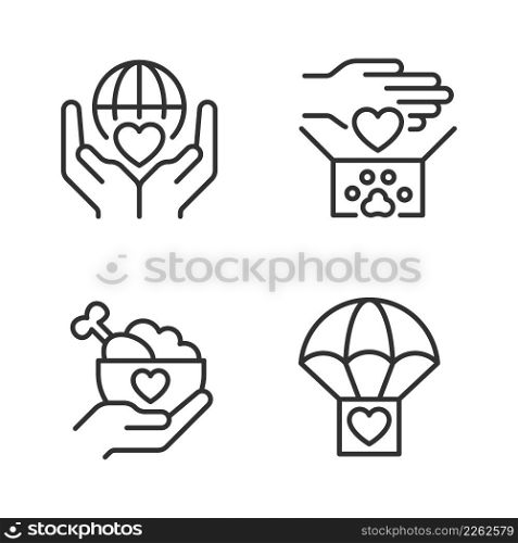Helping others pixel perfect linear icons set. Charitable organization. Animal donation. Hand out free food. Customizable thin line symbols. Isolated vector outline illustrations. Editable stroke. Helping others pixel perfect linear icons set