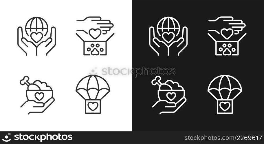 Helping others pixel perfect linear icons set for dark, light mode. Charitable organization. Animal donation. Thin line symbols for night, day theme. Isolated illustrations. Editable stroke. Helping others pixel perfect linear icons set for dark, light mode