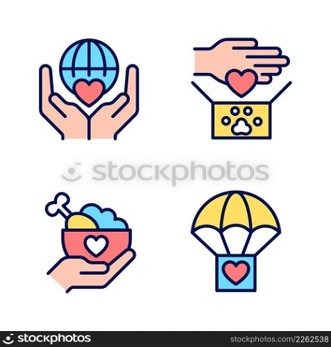 Helping others pixel perfect RGB color icons set. Charitable organization. Animal donation. Hand out free food. Isolated vector illustrations. Simple filled line drawings collection. Editable stroke. Helping others pixel perfect RGB color icons set