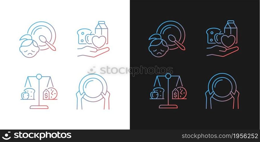 Helping people in need gradient icons set for dark and light mode. Food donation and charity. Thin line contour symbols bundle. Isolated vector outline illustrations collection on black and white. Helping people in need gradient icons set for dark and light mode