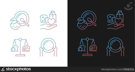 Helping people in need gradient icons set for dark and light mode. Food donation and charity. Thin line contour symbols bundle. Isolated vector outline illustrations collection on black and white. Helping people in need gradient icons set for dark and light mode