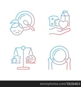 Helping people in need gradient linear vector icons set. Poverty and hunger. Starving children. Nutrition stability. Thin line contour symbols bundle. Isolated outline illustrations collection. Helping people in need gradient linear vector icons set