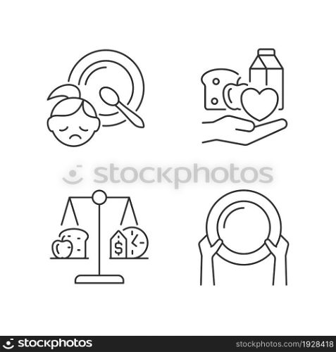 Helping people in need linear icons set. Food donation. Poverty and hunger. Nutrition stability. Customizable thin line contour symbols. Isolated vector outline illustrations. Editable stroke. Helping people in need linear icons set