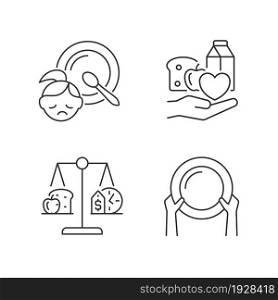 Helping people in need linear icons set. Food donation. Poverty and hunger. Nutrition stability. Customizable thin line contour symbols. Isolated vector outline illustrations. Editable stroke. Helping people in need linear icons set