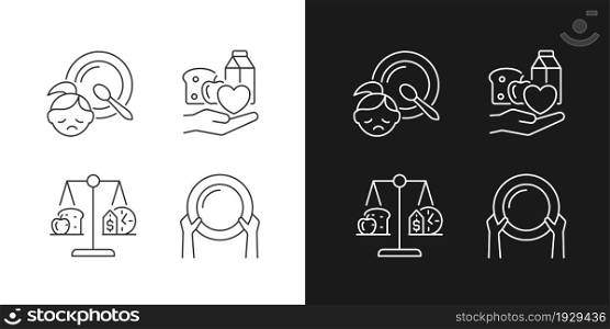 Helping people in need linear icons set for dark and light mode. Food donation and charity. Poverty and hunger. Customizable thin line symbols. Isolated vector outline illustrations. Editable stroke. Helping people in need linear icons set for dark and light mode