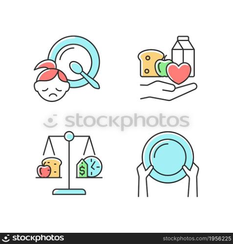 Helping people in need RGB color icons set. Food donation and charity. Poverty and hunger. Nutrition stability. Isolated vector illustrations. Simple filled line drawings collection. Helping people in need RGB color icons set