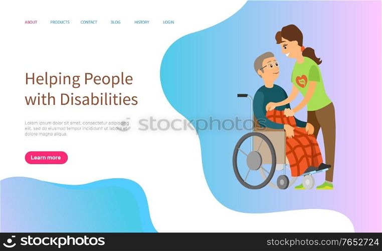 Helping people with disabilities, volunteer caring to senior, retired character sitting in wheelchair, pensioner and assistant, healthcare vector. Website or slider app, landing page flat style. Healthcare Volunteering, Disabled Man, Care Vector