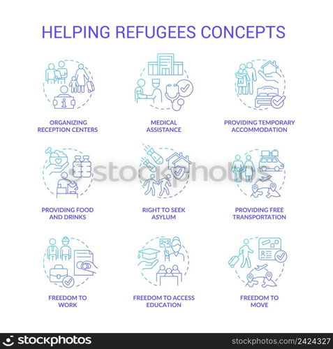 Helping refugees blue gradient concept icons set. International asylum seekers assistance idea thin line color illustrations. Isolated symbols. Roboto-Medium, Myriad Pro-Bold fonts used. Helping refugees blue gradient concept icons set