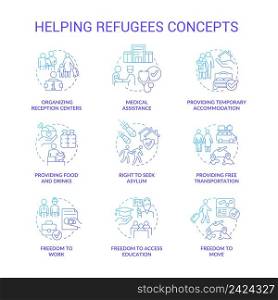 Helping refugees blue gradient concept icons set. International asylum seekers assistance idea thin line color illustrations. Isolated symbols. Roboto-Medium, Myriad Pro-Bold fonts used. Helping refugees blue gradient concept icons set