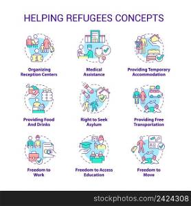 Helping refugees concept icons set. International asylum seekers assistance idea thin line color illustrations. Isolated symbols. Editable stroke. Roboto-Medium, Myriad Pro-Bold fonts used. Helping refugees concept icons set