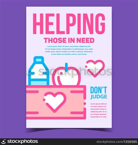 Helping Those In Need Advertising Banner Vector. Money Banknote With Heart, Apple Fruit And Milk Bottle Products On Creative Promo Poster. Concept Template Stylish Colorful Illustration. Helping Those In Need Advertising Banner Vector