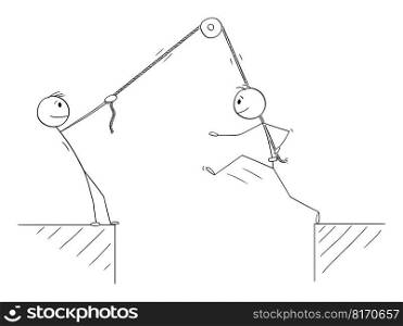 Helping to get over obstacle for success in business, vector cartoon stick figure or character illustration.. Helping for Success in Business, Vector Cartoon Stick Figure Illustration