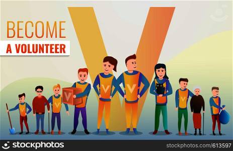 Helping volunteering concept banner. Cartoon illustration of helping volunteering vector concept banner for web design. Helping volunteering concept banner, cartoon style