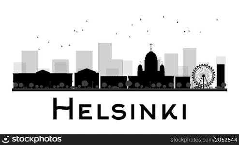 Helsinki City skyline black and white silhouette. Vector illustration. Simple flat concept for tourism presentation, banner, placard or web site. Business travel concept. Cityscape with famous landmarks