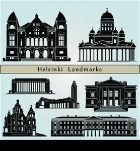 Helsinki landmarks and monuments isolated on blue background in editable vector file