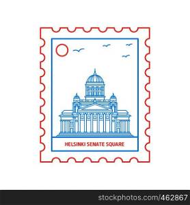 HELSINKI SENATE SQUARE postage stamp Blue and red Line Style, vector illustration