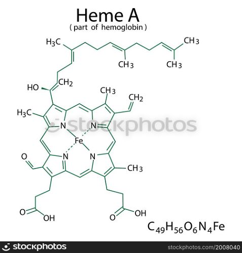 Heme A chemical formula. Organic compound. Part of hemoglobin. Molecular structure. Vector illustration. Stock image. EPS 10.. Heme A chemical formula. Organic compound. Part of hemoglobin. Molecular structure. Vector illustration. Stock image.