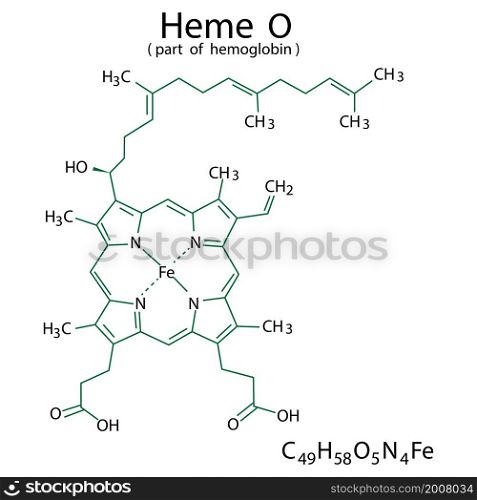 Heme O chemical formula. Part of hemoglobin. Molecular structure. Organic compound. Vector illustration. Stock image. EPS 10.. Heme O chemical formula. Part of hemoglobin. Molecular structure. Organic compound. Vector illustration. Stock image.