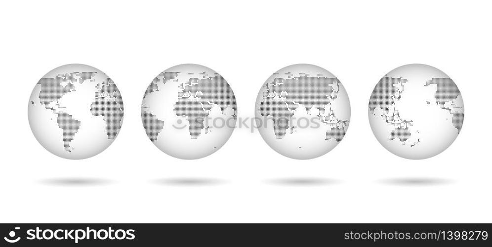 Hemisphere dotted world map sphere set, worldwide cartography collection concept, dots globe background