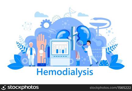 Hemodialysis concept vector. Method of extrarenal blood purification in acute and chronic renal failure. Tiny doctors treat, test kidney. Blue template for website, landing page.. Hemodialysis concept vector. Method of extrarenal blood purification in acute and chronic renal failure. Tiny doctors treat, test kidneys. Blue template for website, landing page.