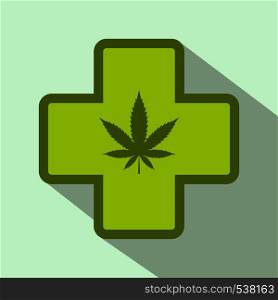 Hemp leaf with cross icon in flat style on light green background. Hemp leaf with cross icon, flat style