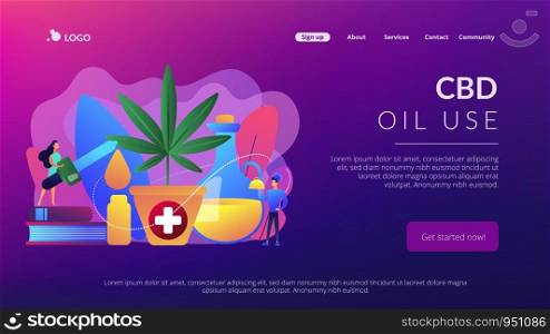 Hemp seed oil used as pain relief medicine in pharmacy and for cooking dishes. Hemp seed oil, CBD oil use, cannabis plant pharmacy concept. Website vibrant violet landing web page template.. Hemp seed oil concept landing page.