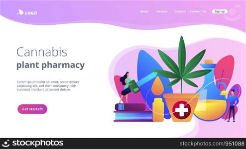 Hemp seed oil used as pain relief medicine in pharmacy and for cooking dishes. Hemp seed oil, CBD oil use, cannabis plant pharmacy concept. Website vibrant violet landing web page template.. Hemp seed oil concept landing page.