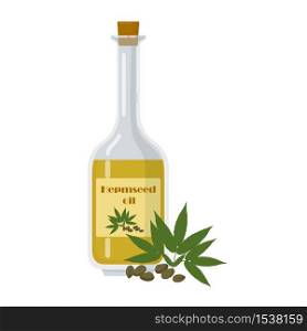 Hempseed oil in bottle with marijuana seeds and leaf. Plant and container isolated on white background. Liquid made from cannabis flower vector illustration