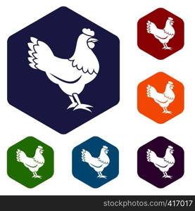 Hen icons set rhombus in different colors isolated on white background. Hen icons set