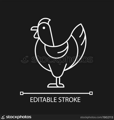 Hen white linear icon for dark theme. Female chicken. Broiler and layer pullet. Poultry farming. Thin line customizable illustration. Isolated vector contour symbol for night mode. Editable stroke. Hen white linear icon for dark theme