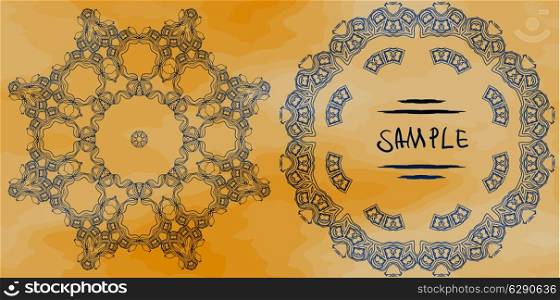 Henna coloured wedding invitation with round frame and mandala in outlines. Vintage design element.