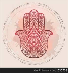 Henna illustration of Hamsa with boho pattern and watercolor spots in circles on light pink background. Buddhas hand. Vector element for your sketch of tattoo, T-shirt print and your design.. Henna illustration of Hamsa with boho pattern and watercolor spots in on light pink background. Buddhas hand.