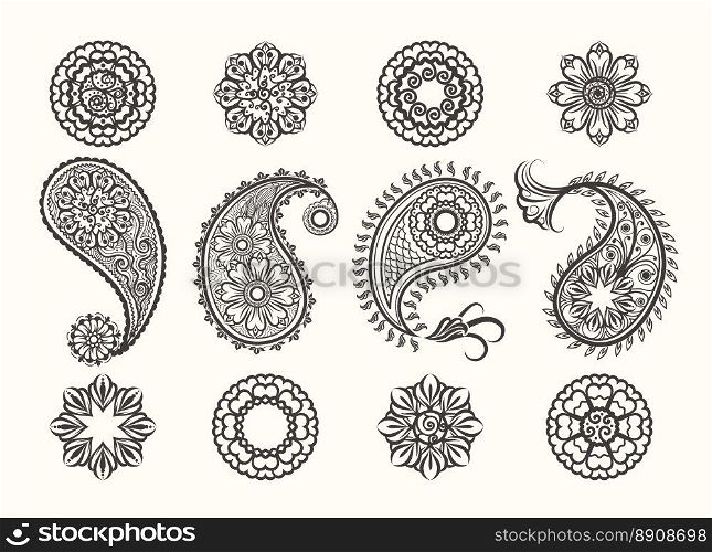 Henna tatoo paisley icons set. Henna tatoo paisley icons set. Mehndi high quality ornamental elements. Vector illustration