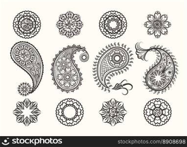 Henna tatoo paisley icons set. Henna tatoo paisley icons set. Mehndi high quality ornamental elements. Vector illustration