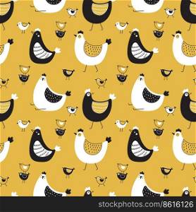 Hens and chickens seamless vector pattern . Creative childish texture on yellow background for, easter, fabric, paper.. Hens and chickens seamless vector pattern . Creative childish texture on yellow background