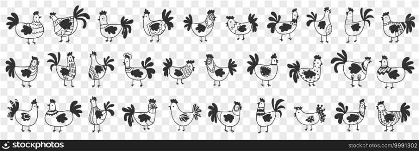 Hens and roosters doodle set. Collection of hand drawn dark silhouettes of farm chickens hens and roosters in rows for agriculture on farmlands isolated on transparent background. Hens and roosters doodle set