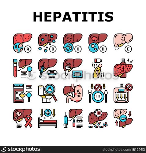 Hepatitis Liver Health Problem Icons Set Vector. Cirrhosis And Hepatitis Type, Pale Stool And Dark Urine, Ultrasound And Biopsy, Abdominal Pain And Vaccination Line. Color Illustrations. Hepatitis Liver Health Problem Icons Set Vector