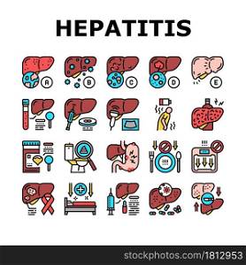 Hepatitis Liver Health Problem Icons Set Vector. Cirrhosis And Hepatitis Type, Pale Stool And Dark Urine, Ultrasound And Biopsy, Abdominal Pain And Vaccination Line. Color Illustrations. Hepatitis Liver Health Problem Icons Set Vector