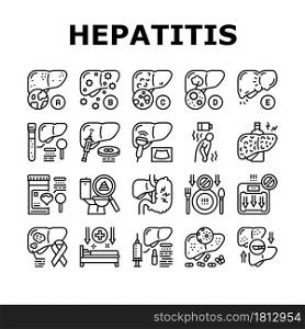 Hepatitis Liver Health Problem Icons Set Vector. Cirrhosis And Hepatitis Type, Pale Stool And Dark Urine, Ultrasound And Biopsy, Abdominal Pain And Vaccination Black Contour Illustrations. Hepatitis Liver Health Problem Icons Set Vector