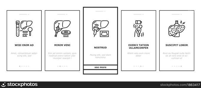 Hepatitis Liver Health Problem Onboarding Mobile App Page Screen Vector. Cirrhosis And Hepatitis Type, Pale Stool And Dark Urine, Ultrasound And Biopsy, Abdominal Pain And Vaccination Illustrations. Hepatitis Liver Health Problem Onboarding Icons Set Vector