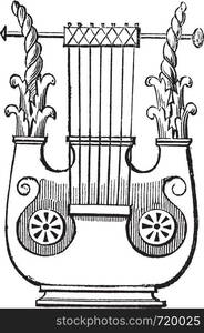 Heptacorde vintage engraving. Old engraved illustration of antique musical instrument heptacorde.