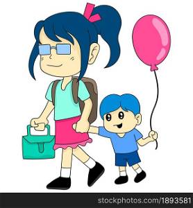 her older sister and younger brother were going to school together. cartoon illustration cute sticker