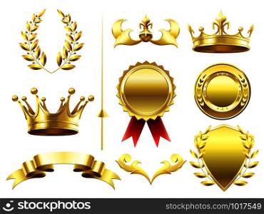 Heraldic 3D elements. Royal crowns and shields. Sport challenge winner gold medal. Laurel wreath and golden monarchy crown and shield, crowning queens tiara antique realistic isolated vector set. Heraldic 3D elements. Royal crowns and shields. Sport challenge winner gold medal. Laurel wreath and golden crown isolated vector set