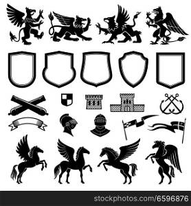 Heraldic animals and design elements for coat or arms and insignia template. Medieval shield, knight and flag, griffin, pegasus and ribbon banner, tower, crossed weapon and anchor for heraldry design. Heraldic design elements with animals and shields
