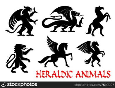 Heraldic animals icons. Griffin, Dragon, Lion, Pegasus, Horse outline silhouettes for tattoo, heraldry or tribal shield emblems. Fantastic mythical creatures. Vector graphic elements. Heraldic mythical animals emblems