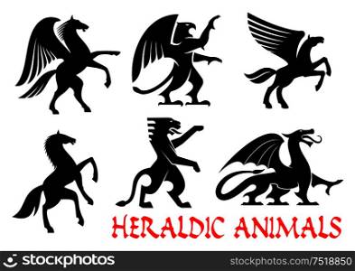 Heraldic animals icons. Pegasus, Griffin, Dragon, Lion, Horse, Tiger, Unicorn silhouettes. Gothic mythical creatures for tattoo, heraldry or tribal shield emblem. Heraldic animals emblems and icons