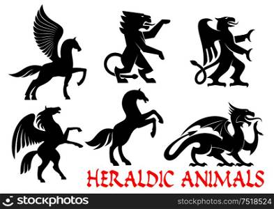 Heraldic animals icons. Pegasus, Unicorn, Lion, Eagle, Horse, Dragon silhouette outline for tattoo, heraldry, tribal shield emblem Fantasy gothic creatures. Heraldic mythical animals vector icons