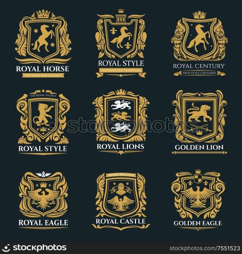 Heraldic animals, royal heraldry emblems, Pegasus horse, Griffin lion and Medieval eagle icons. Vector imperial heraldic shields and coat of arms, gryphon and griffon with golden royal crown. Royal heraldry emblems, heraldic lion and horse