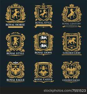 Heraldic animals, royal heraldry emblems, Pegasus horse, Griffin lion and Medieval eagle icons. Vector imperial heraldic shields and coat of arms, gryphon and griffon with golden royal crown. Royal heraldry emblems, heraldic lion and horse
