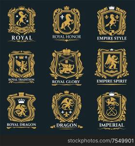 Heraldic animals, royal heraldry shields with Pegasus horse, Griffin lion and Medieval crowns. Vector imperial heraldic fleur de lis coat of arms and emblems, gryphon or griffon eagle. Royal heraldry, heraldic lion and horse animals